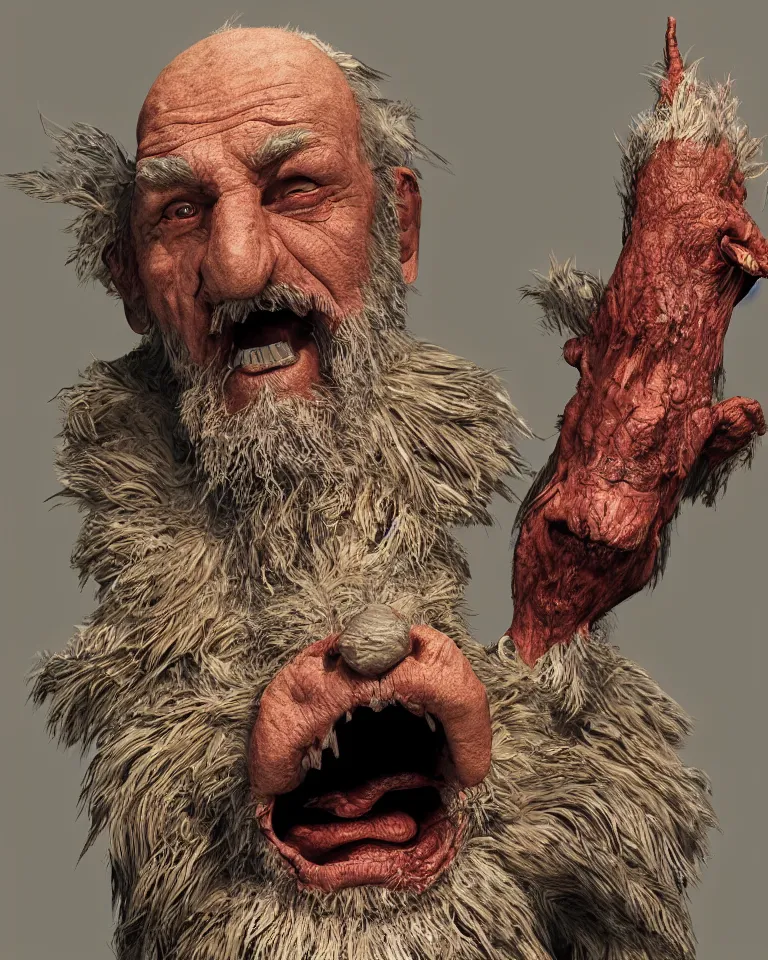 Prompt: A highly detailed portrait 3D render of a singular craggly old man. ZBrush and Blender. Trending on cgsociety. Dramatic lighting. Beautiful. Colorful. By Mark Mann and Jimmy Nelson.