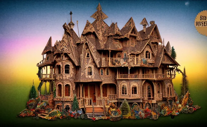 Prompt: one single stand alone huge hyperdetailed elaborate home, seen from the long distance, at night. in a wood made of paper and plastics. maximalist unexpected elements. free sky in plain natural warm tones. 8 x 1 6 k hd mixed media 3 d collage in the style of a childrenbook illustration in pastel tones. matte matte background. no frame hd