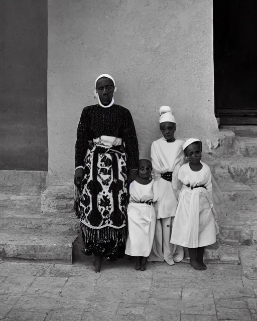 Image similar to Award winning reportage photo of Monegasque Natives wearing traditional garb by Dian Arbus, 85mm ND 5, perfect lighting, gelatin silver process