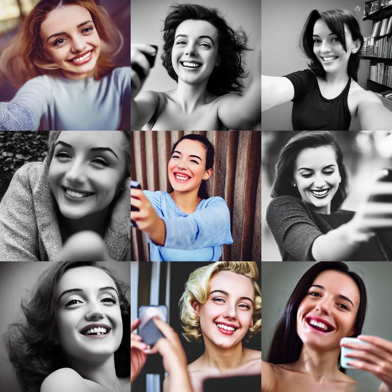 Prompt: a smiling girl taking a selfie, hyper realistic photography, highly detailed, sharp focus, good vibes, realistic, highly detailed attribute, award winning, face like marilyn monroe, slight smile