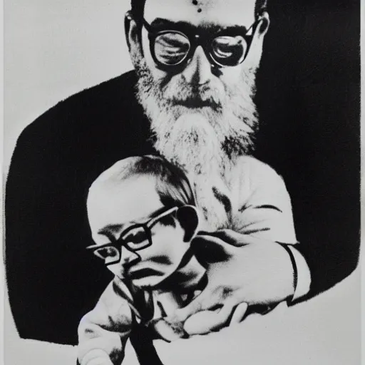 Prompt: laszlo moholy - nagy painting of beard grandpa taking a photo to a baby girl