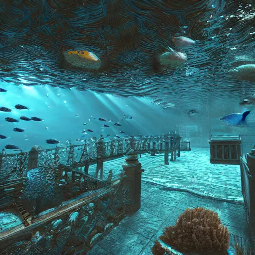 Prompt: underwater Westminster, deep underwater, fish shoal, concept art in style of Greg Rutkowki, dynamic lighting, 4k, very highly detailed, hyper realistic