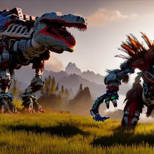Prompt: cinematic still of horizon zero dawn, si - fi robotic tyrannosaurus rex, highly detailed