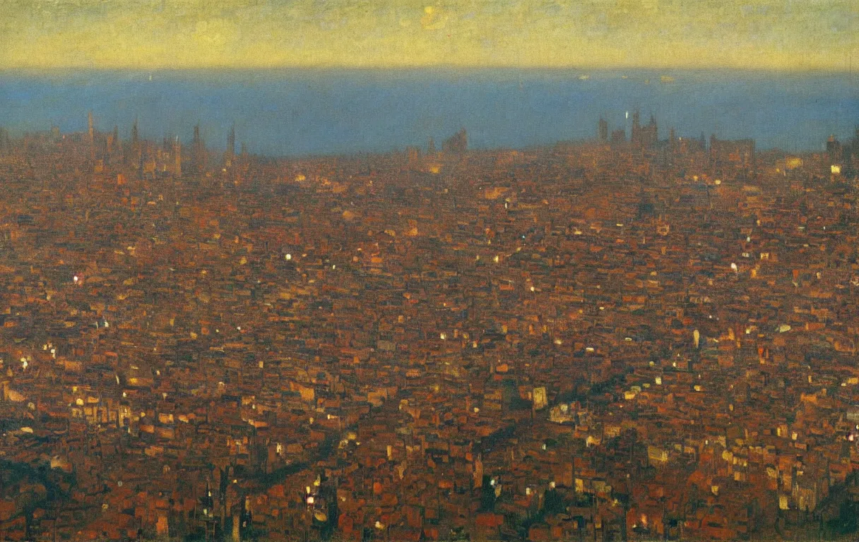 Prompt: cityscape of lagos from above, 1905, highly detailed oil on canvas, by Odilon Redon