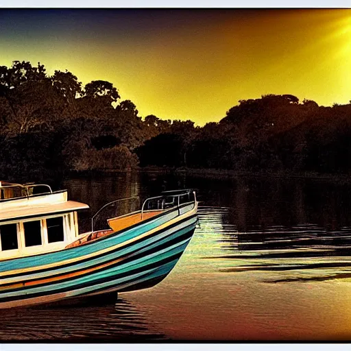 Image similar to artdeco river boat in the deep south, evening sun, intense lighting, hyper realistic,