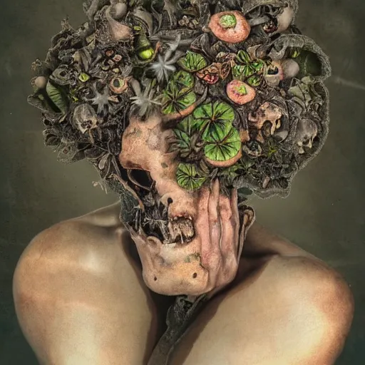 Prompt: a beautiful detailed front view portrait of a rotten woman corpse becoming a skull with fractal plants and fractal flowers and mushrooms growing around, volumetric light, beautiful lit, polaroid photography