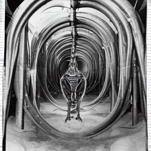 Image similar to old black and white photo, 1 9 1 3, depicting biomechanical aliens inside vats, historical record