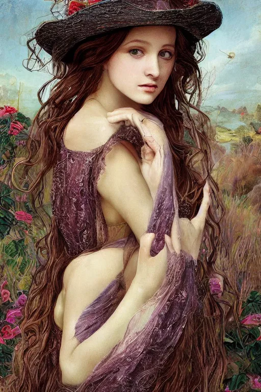 Image similar to An extremely beautiful pre-raphaelite portrait of a very beautiful and cute witch, surreal, ultradetailed, intricate, elegant, digital art painting, concept art, smooth, sharp focus, poster art, art cover illustration, regal, award winning picture, extremely detailed masterpiece, sense of awe, featured on artstation, Artgerm, effervescent punk kawaii-noir pastel bubbles, winning award piece, ethereal rainbows, Aetherpunk, low-key neon lightning, stormy weather, Exquisite details, 8K detail post-processing, matte, oil painting