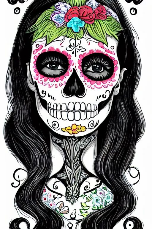 Prompt: illustration of a sugar skull day of the dead girl, art by stephen bliss