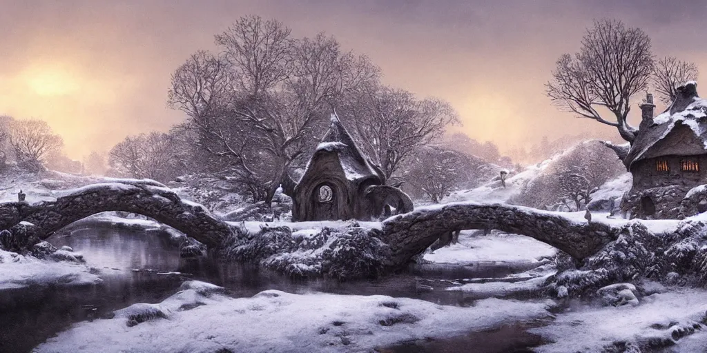 Image similar to Hobbiton near a frozen river during winter, evening, detailed matte painting, cinematic, Alan Lee, Artstation