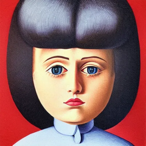 Image similar to very detailed portrait of angela anaconda. painted by rene magritte, 1 9 2 7. oil on canvas.