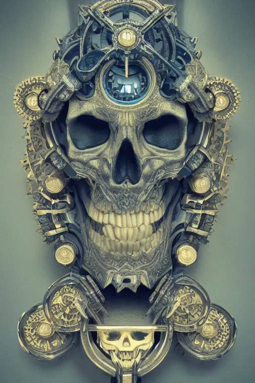 Image similar to conceptart 3 d render skull, the skull is decorated with art deco gears patterns, hyperrealistic, volumetric lighting, ultra detailed, elegant, octane render, blue and gold, 8 k, trending on artstation, unreal engine