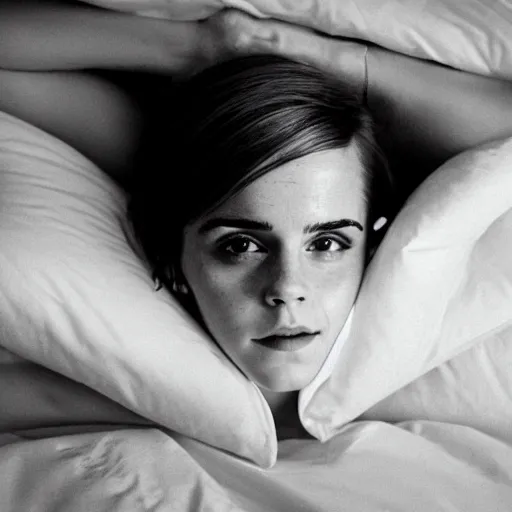 Prompt: emma watson lying in bed at night waiting for you while smiling shyly, messy hair bedhead, very sleepy and shy, bare shoulders, comforting, covering her body with a white pillow, dim cool lighting