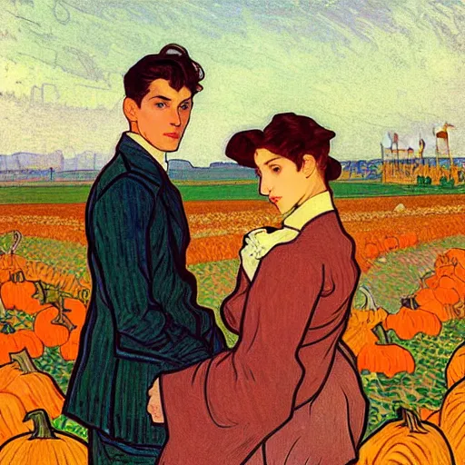 Image similar to painting of handsome young delicate beautiful jeffrey in his 2 0 s with brown hair and gorgeous rina together at the pumpkin patch in october, elegant, clear, painting, stylized, art, art by alphonse mucha, vincent van gogh, egon schiele,