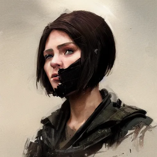 Image similar to Portrait of a woman by Greg Rutkowski, she is about 20 years old, round face, mixture between german and russian, black bob hair, attractive, determined but resentful look, she is wearing futuristic military fatigues with a black scarf, highly detailed portrait, scifi, digital painting, artstation, concept art, smooth, sharp foccus ilustration, Artstation HQ.