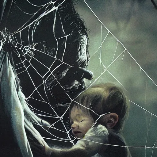 Image similar to Lord of the rings spider eating a human baby in its web realistic painting ultra detailed horror UHD 4k