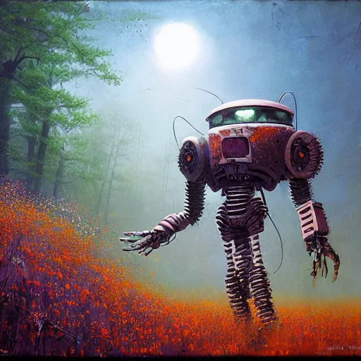 Image similar to a hyperdetailed national geographic photo of an abandoned apocalyptic robot partially covered in overgrown wildflowers by jakub rozalski by moebius by rhads by roger dean by paul lehr