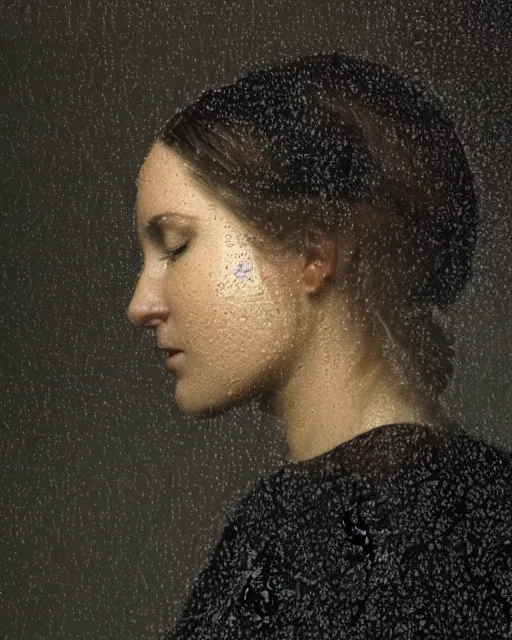 Prompt: a woman's face in profile, made of raindrops, in the style of the dutch masters and gregory crewdson, dark and moody