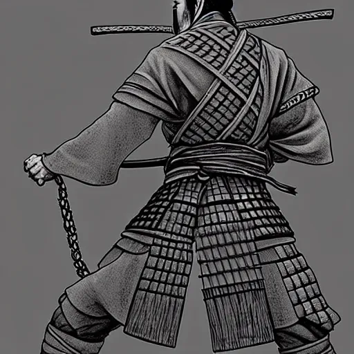 Prompt: a portrait from behind of a samurai man vagabond, the samurai is wrapped in chains, detailed, illustration, concept art, ink style, sketch