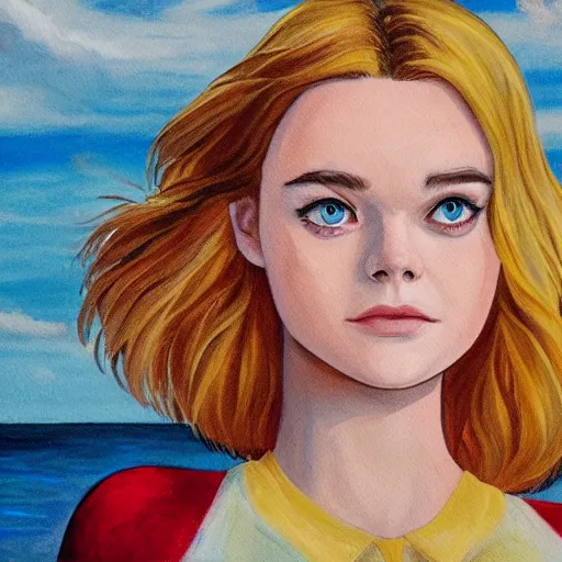 Prompt: painting of Elle Fanning looking at the ocean, in the style of the New Mutants comics