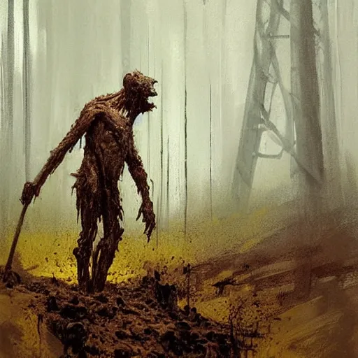 Image similar to painting by jakub rozalski of a muddy rooted humanoid creature with a big hole in the head. half body closeup