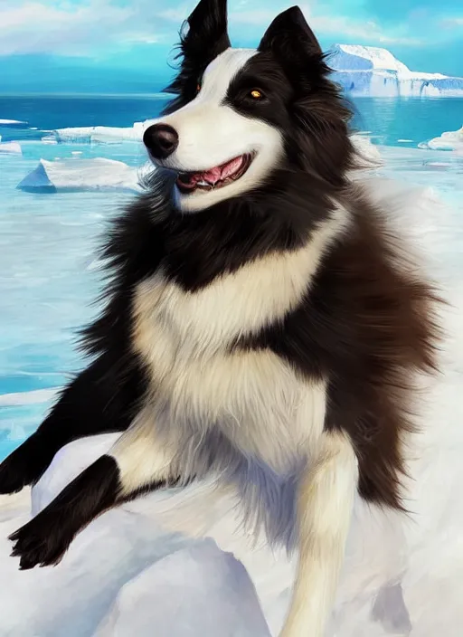 Image similar to beautiful portrait of a cute male anthropomorphic border collie fursona wearing a swimsuit in antarctica. character design by charlie bowater, henry asencio, and ross tran. scenic background, detailed, glamor pose, aesthetic, trending on artstation, top rated on furaffinity and deviantart