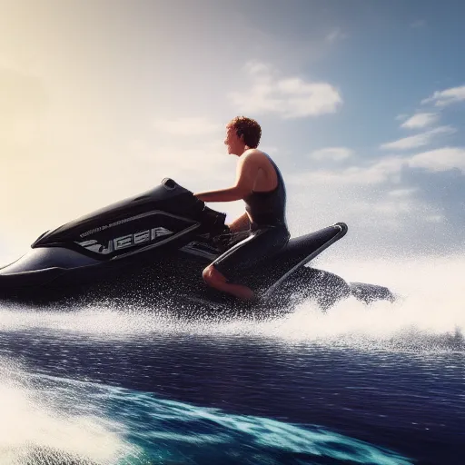 Image similar to Mark Zuckerberg riding a jetski out on the open ocean, water splashing behind him as he's speeding by, ripples in the water, hyperdetailed, artstation, cgsociety, 8k