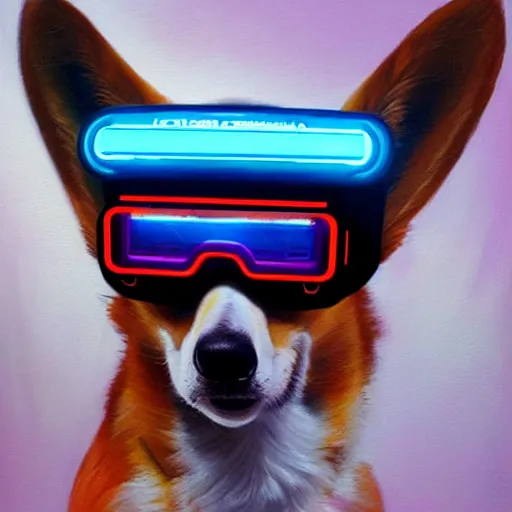 Prompt: a painting of a corgi wearing a cyberpunk augmented reality visor by artgerm, highly detailed, oil on canvas