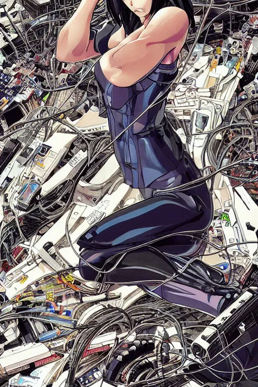 Image similar to super coherent motoko kusanagi kneeling on a white in style of masamune shirow, empty floor, with a mess of wires and cables coming out of her head and backside, by Yukito Kishiro and katsuhiro otomo, illustration, cyberpunk, hyper-detailed, colorful, complex, intricate, masterpiece, epic