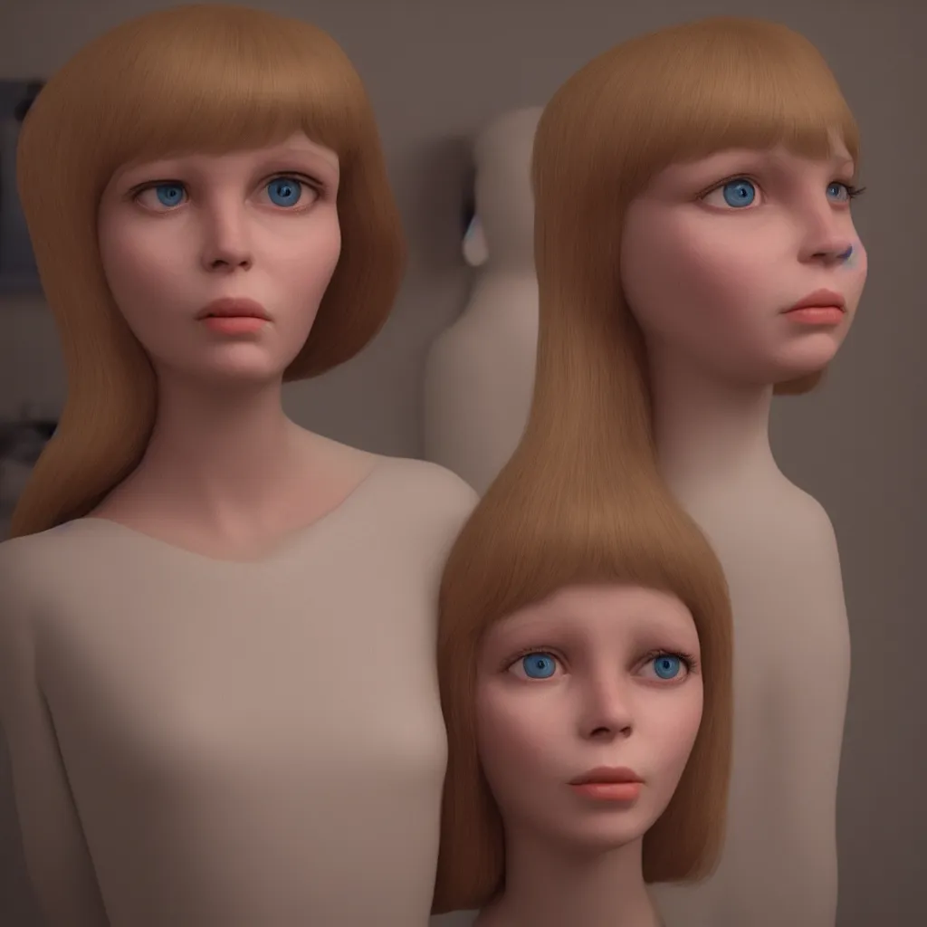 Prompt: 1 9 6 0 s mia farrow as a life size animatronic manaquin by margaret keane, big glass eyes, real hair, dimly lit, liminal space, haunting atmosphere, unrealengine octane render, 8 k