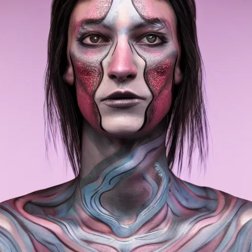 Image similar to : androgynous person with body paint all over hyper detailed art station  parabolic lighting contest winners unrealengine trending on artstation,cinematic, hyper realism, high detail, octane render, 8k