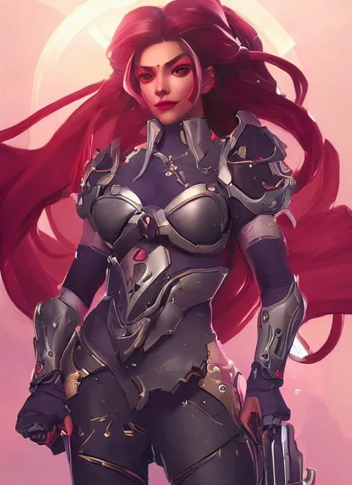 Image similar to beautiful new character for overwatch, full body armor, dual wielding swords, super powers, long red hair, intricate design, shiny, art by artgerm and greg rutkowski