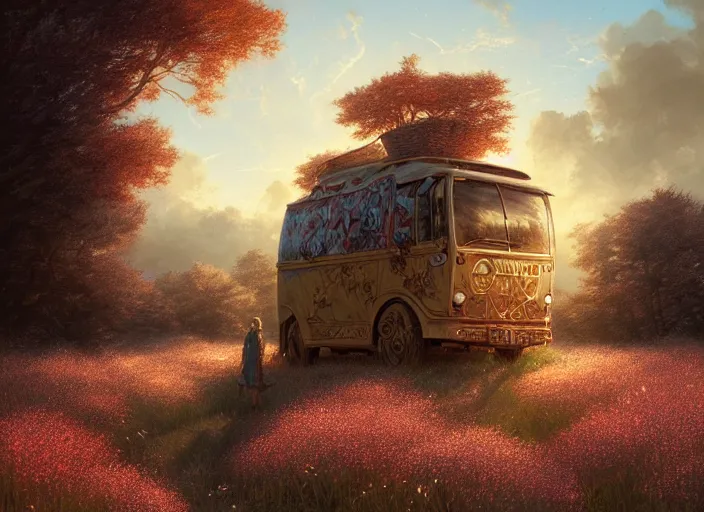 Prompt: detailed intricate digital illustration by greg rutkowski and artgerm and wlop and sanford robinson gifford ; conversion van, beautiful meadow with colorful flowers and puffy clouds in background ; 1 3 mm film, arri alfa anamorphic lens ; sharp focus, golden hour lighting, trending on artstation 4 k ; close view