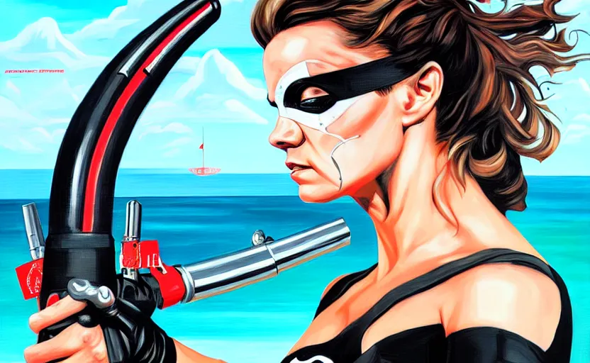 Image similar to rogue agent wearing oxygen mask holding a harpoon with sea background side profile by Sandra Chevrier