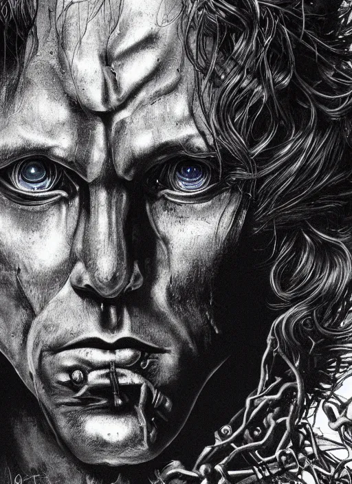 Image similar to Jim Morrison by Yoshitaka Amano, by HR Giger, biomechanical, profile portrait, 4k, wide ayes, hyper detailed, hyperrealism, anime