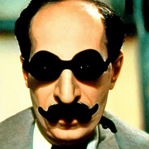 Prompt: Still image of Groucho Marx starring as Neo in 'The Matrix'(1999)