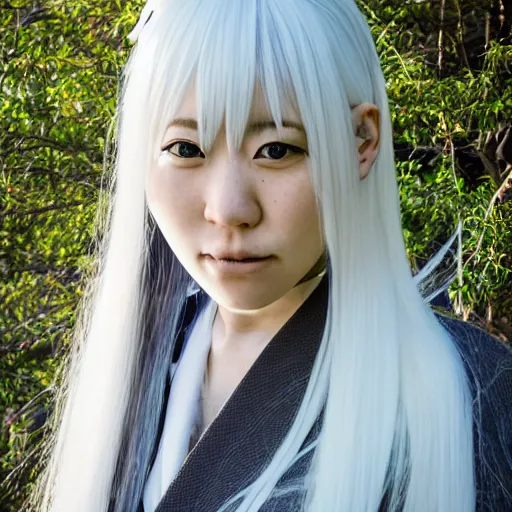 Image similar to Portrait of a japanese young lady with a long white, white hair!!!, white hair!!!, ayaka cosplay, white hair!!!, young with white hair!!!!!, Canon EOS R3, f/1.4, ISO 200, 1/160s, 8K, RAW, unedited, symmetrical balance, in-frame