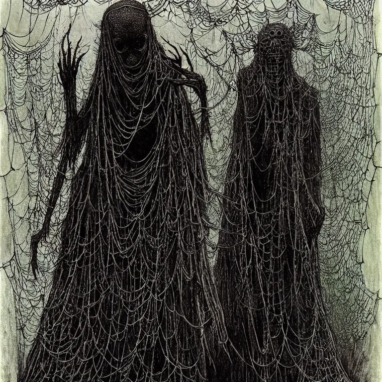 Prompt: a woman standing all covered in spiders. illustration of arachnophobia, fear of spiders, incredible number of spiders and bugs. extremely high details, spider paws, realistic, horror, creepy, web, masterpiece, art by zdzislaw beksinski, arthur rackham, dariusz zawadzki