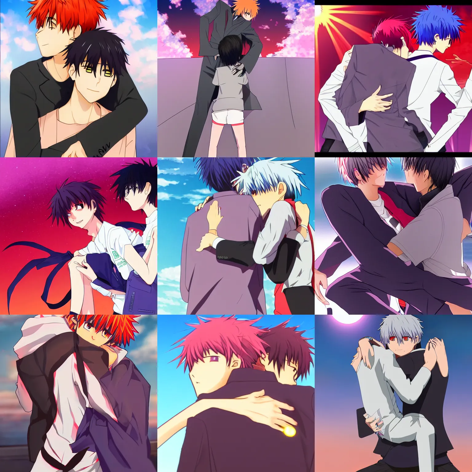 Prompt: EVA kaworu hugging shinji from the back with the red sunshine shining on their legs, Trending on Pixiv