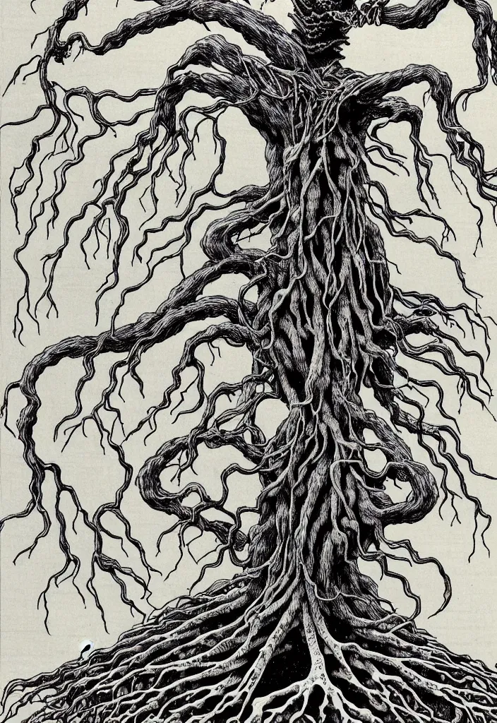 Image similar to prompt: anatomy dissection drawing of magical white skeleton Bonsai tree squid creature roots merging into big moon drawn by Takato Yamamoto, bonsai skeleton anatomy atlas, veins and organs attached to tree roots, alchemical objects inspired by 1980's sci-ci, intricate oil painting detail, manga 1980