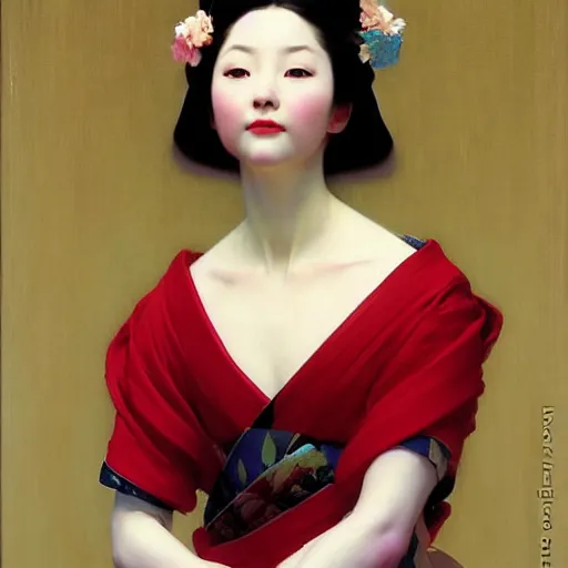Prompt: yanjun cheng portrait of a beautiful geisha android floral pattern by norman rockwell, bouguereau