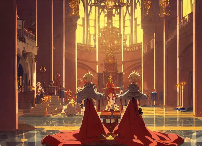 Prompt: key anime visual portrait of a castle's main hall interior with throne, servants, nobles, dynamic pose, dynamic perspective and angle, cinematic, film grain, designed by yoh yoshinari, detailed, intricate, at night, dramatic lighting, costumes by mika pikazo