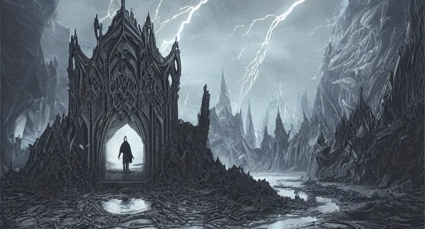 Prompt: a mysterious matte painting of a portal to where dreams go to die, glistening lake, fractured sky by chris bachalo, aly fell and artgerm, heavenly lighting, ink drawing, illustration, concept art, fine lines, intricate detail, hyper detailed, gothic, neo-gothic, trending on artstation