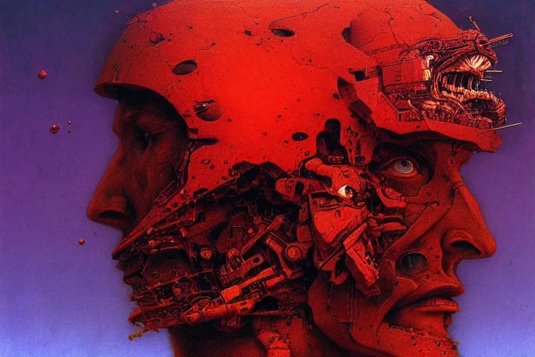 Image similar to head of a man falling apart, in the style of chris foss, in the style of beksinski, intricate and epic composition, red by caravaggio, insanely quality, highly detailed, masterpiece, purple light, artstation, 4 k