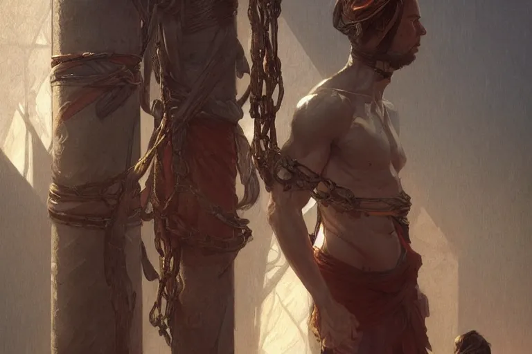 Image similar to a man tied to a pillar, highly detailed, hyperrealistic digital painting, artstation, concept art, smooth, sharp focus, illustration, cinematic lighting, art by artgerm and greg rutkowski and alphonse mucha