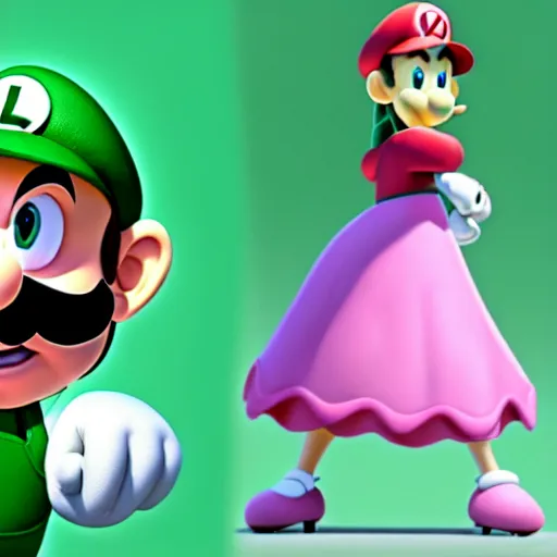 Image similar to luigi from super mario wearing a pink dress, studio ghibli, pixar and disney animation, sharp, rendered in unreal engine 5, highly detailed, digital painting, artstation, concept art, smooth, sharp focus, illustration, wide angle, artbook, splash art, dramatic lighting, art by artgerm and greg rutkowski and bo chen and jin xiaodi