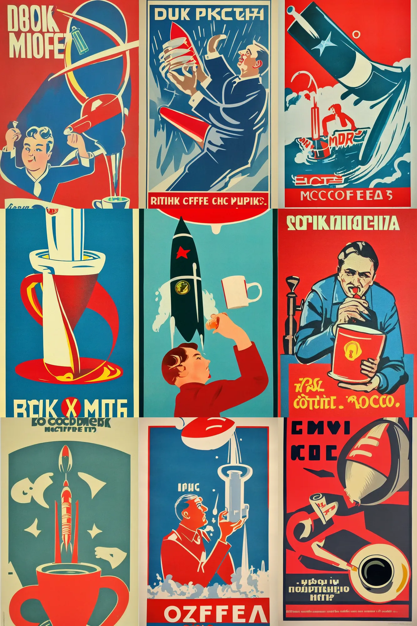 Prompt: soviet propaganda poster, Drink more coffee, featuring a rocket ship coffee cup, full colour print, vintage colours, 1950s
