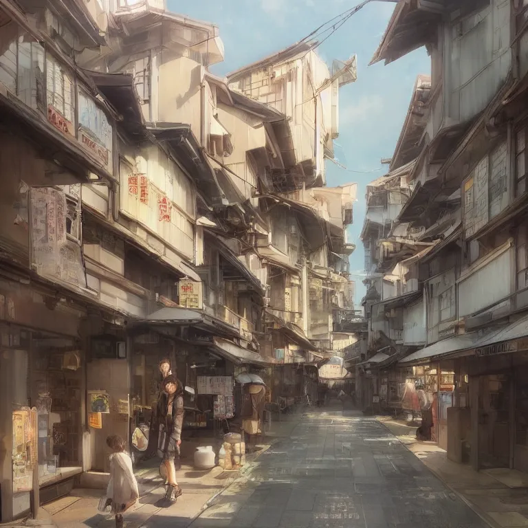 Prompt: walking around ozu city and shimonad station, ehime, japan. volumetric lighting, realistic illustration, perfectly shaded, soft painting, art by krenz cushart and wenjun lin