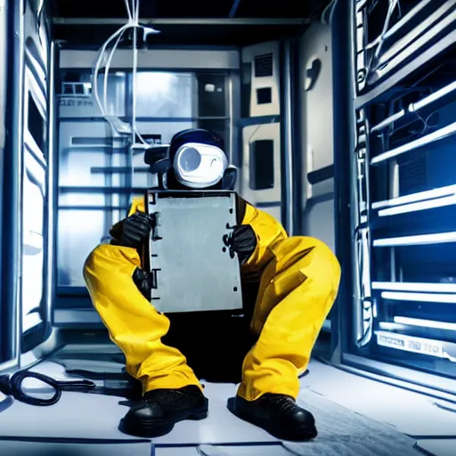 Prompt: a human sitting in an isolator room on an alien spaceship plotting their escape from their confinement while holding a tool