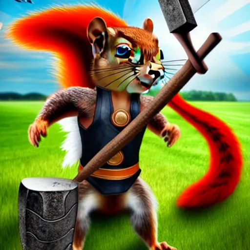 Image similar to the squirrel thor ~ holding his hammer ~ dramatic thunder background ~ fighting scene ~